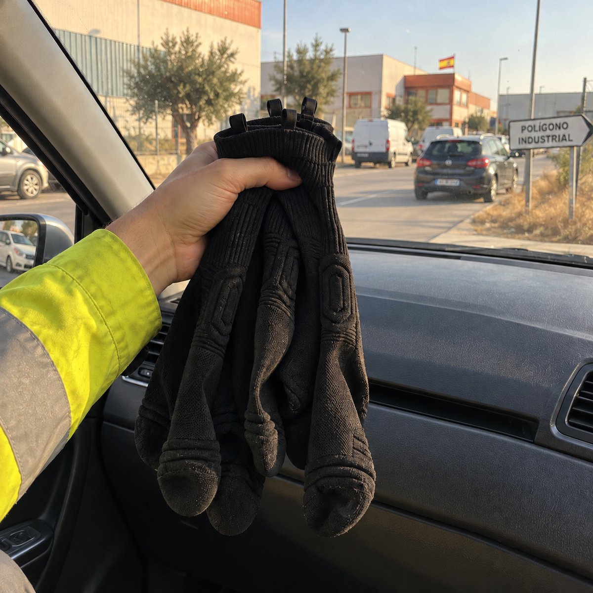 Trabajador sosteniendo calcetines Talón Firme en un coche junto a un polígono industrial español