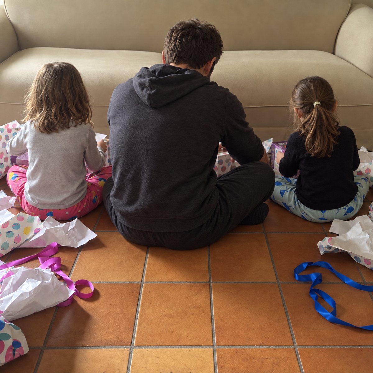 Padre sentado en el suelo abriendo los regalos de Reyes con sus hijos